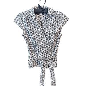 LOFT Black & White Floral Embroidered Wrap Blouse